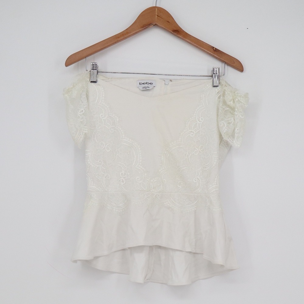 Bebe Ivory White Lace Off the Shoulder Peplum Top Short Sleeve Size M